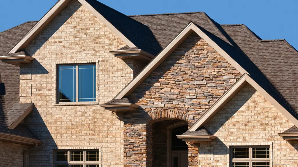 Brick and Stone Home With Gabled Roof, Asphalt Shingles