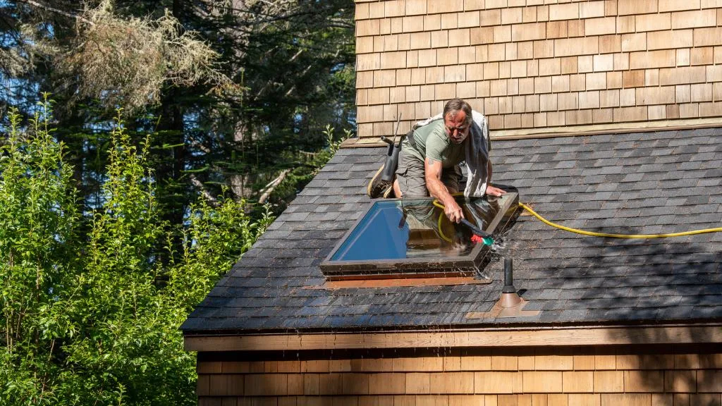 Man using roof Cleaning Brush to wipe away dirt. 