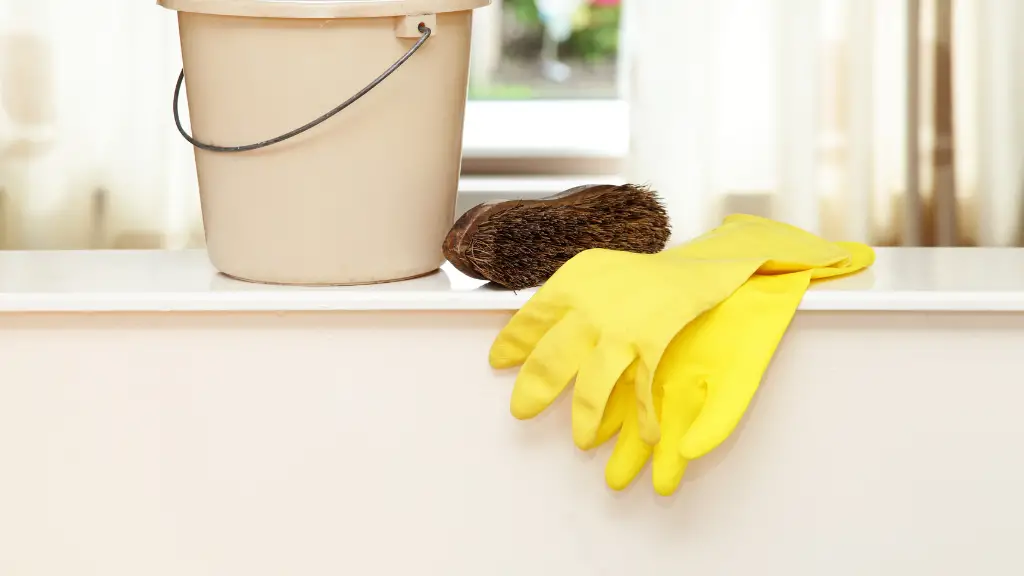 bucket,scrubbing brush and plastic gloves